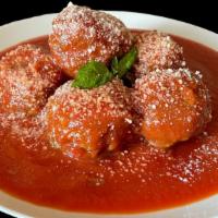 Meatballs · Our delicious hand rolled all beef meatballs are covered with our freshly homemade marinara ...