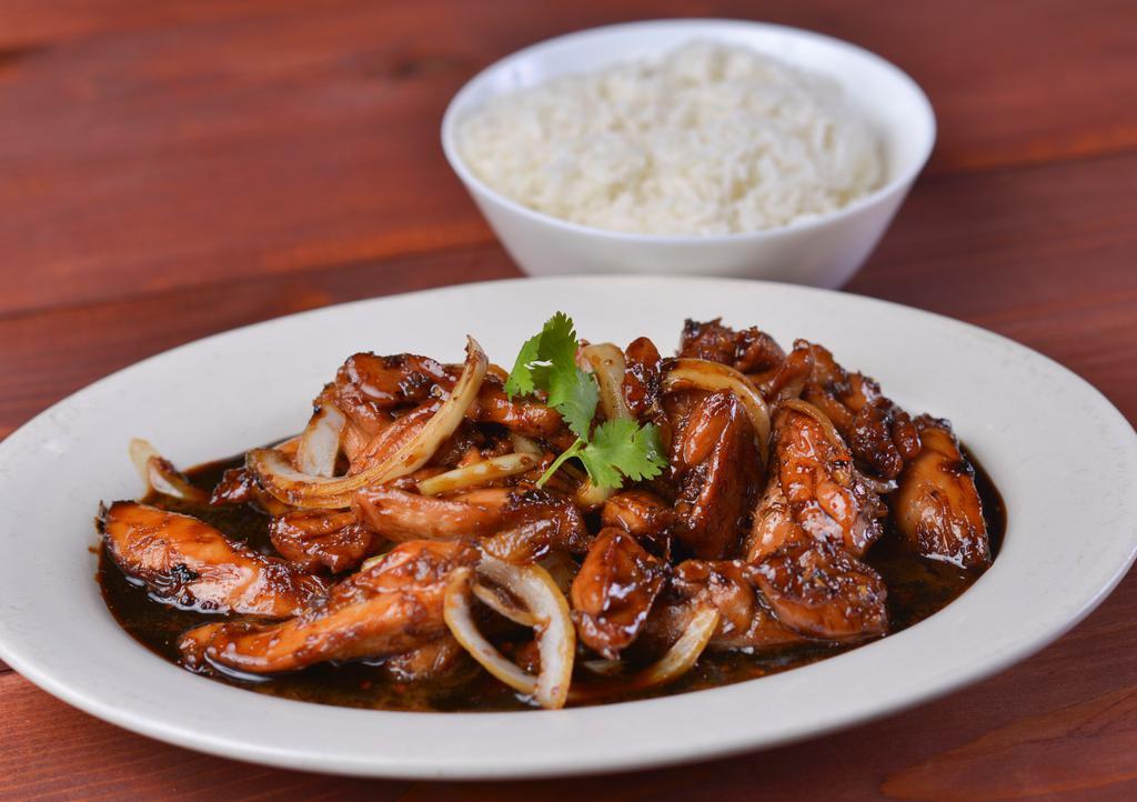 Hot & Spicy Chicken · Chicken with lemongrass and onions in chef’s special sauce.  Served with steam rice.  Specify hot, medium or mild.