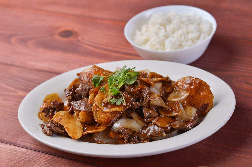 Beef & Potatoes · Beef and crispy potatoes with onions in chef’s special sauce.  Served with stream rice.