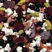 Garden Salad · Cool lettuce, tomatoes, red onion, green pepper, black olives and mozzarella cheese.