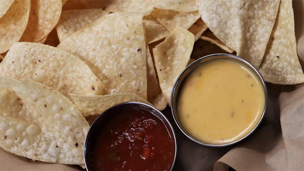 Chips & Dips · Tortilla chips with salsa and choice of cheese sauce.
