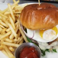 Breakfast Burger · 1/3 lb grass fed burger, cheddar, fried egg, bacon