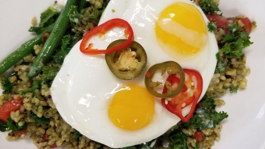 Brunch Bowl · Vegan. Brown rice, quinoa, kale, red pepper,
green beans, 2 eggs, ginger-lime
coconut reduction