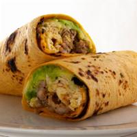 Avo & Egg Breakfast Burrito · Extra Avocado & Cheesy Egg Scramble with caramelized onions. Decorated with pico de gallo an...