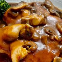 Chicken Marsala · Marsala wine and mushrooms and accompanied by mashed potatoes.