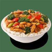 New! Cashew Chicken · Chicken breast wok-tossed with red bell peppers, broccoli and celery in a mild hoisin sauce ...