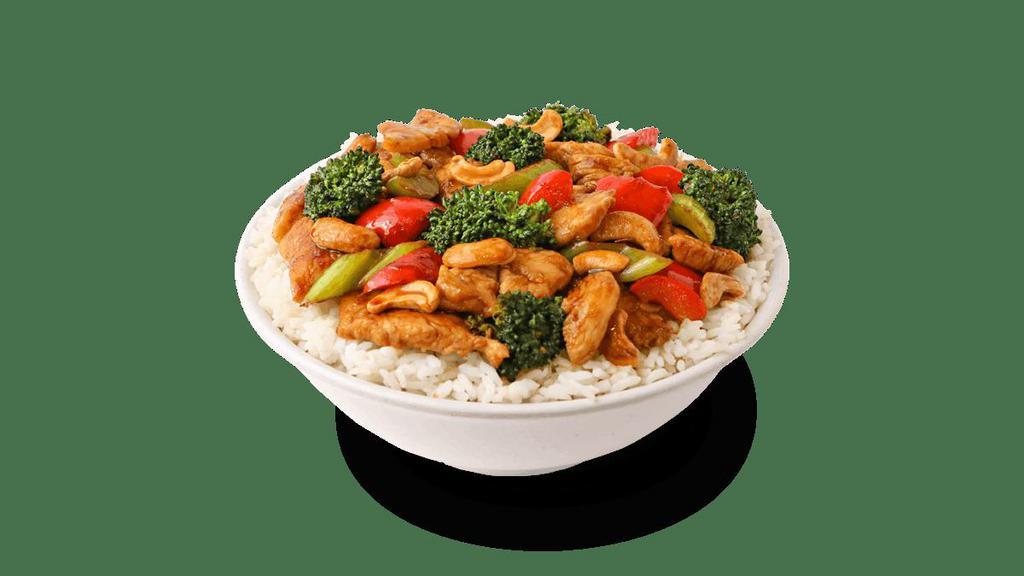New! Cashew Chicken · Chicken breast wok-tossed with red bell peppers, broccoli and celery in a mild hoisin sauce and garnished with cashews.