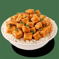 Firecracker Tofu · Stir-fried Tofu in our sweet and spicy Mongolian sauce, garnished with green onions.