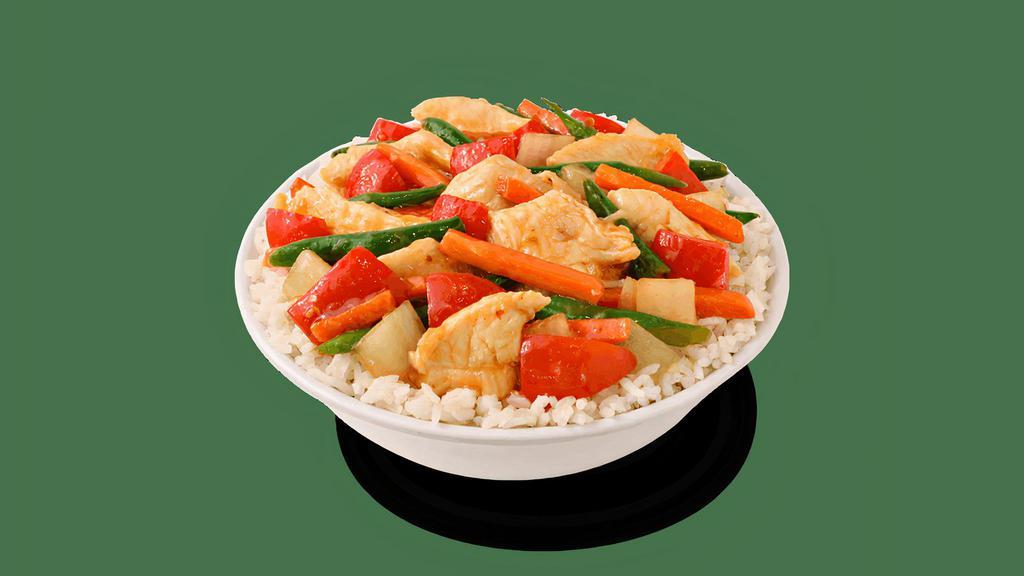 Thai Sweet Chili Chicken · Chicken breast stir-fried with red peppers, carrots, green beans and onions in a flavorful, fiery, sweet chili garlic sauce.