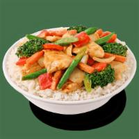 Thai Coconut Curry Chicken · Coconut Curry with Thai spices stir-fried with tender chicken, broccoli, red pepper, green b...