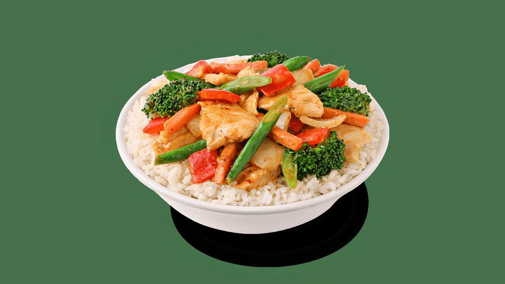 Thai Coconut Curry Chicken · Coconut Curry with Thai spices stir-fried with tender chicken, broccoli, red pepper, green beans, onions and carrots.