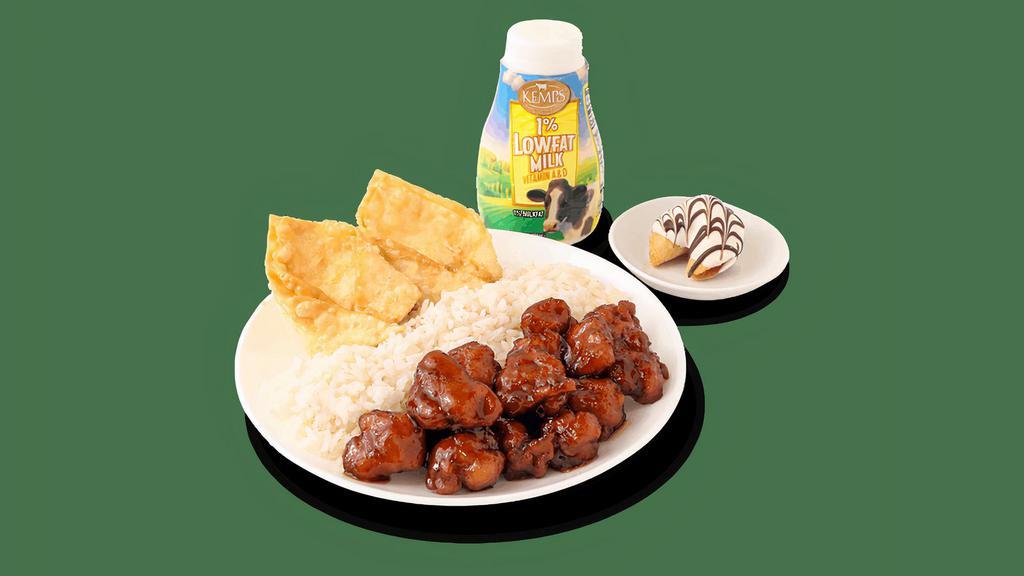 Kid'S Meal · Kid's entree with choice of rice or Asian Noodles.  Includes 2 cream cheese puffs, and a kid's beverage.