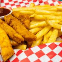Chicken Strips · Crispy, strips of chicken breast w/ your choice of dipping sauce.