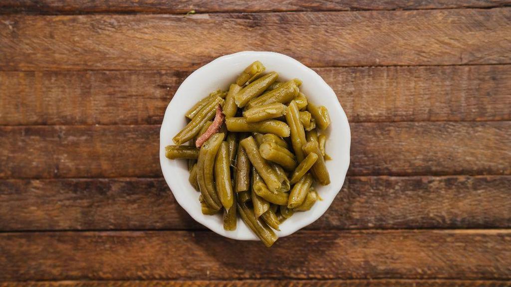 Green Beans · Blue Lake, Wisconsin beans slowly simmered with bacon.