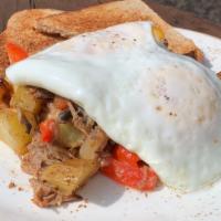 Pulled Pork Hash · Pulled pork, seasoned potatoes, onions, mushrooms, bell peppers, & tomatoes topped with two ...