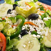 Greek Salad · Romaine lettuce, feta cheese, tomatoes, cucumbers, green peppers, pepperoncine, Kalamata oli...