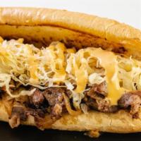 The Cheesehead Philly · Sliced philly steak, beer cheese sauce and kraut on hoagie roll.