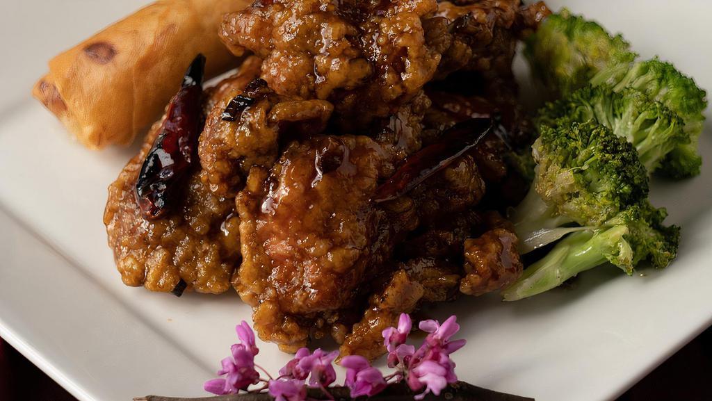 General Tso'S Chicken Lunch · Dark chicken is marinated in milk, seasoned with secret spices and flavorings, lightly breaded and then fried crisp on the outside, tender on the inside. Served with a rich brown sauce.