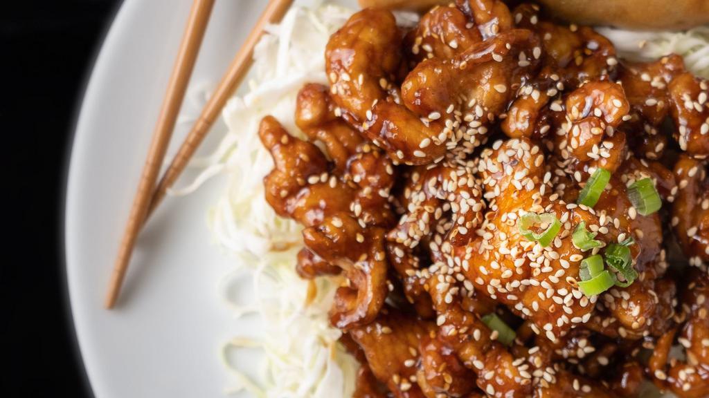 Sesame Chicken Lunch · Breaded chicken white meat with just a hint of crispness. Served with a mildly sweet sesame brown sauce.