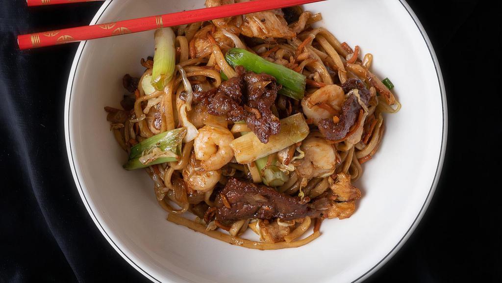 Sha Cha Lo Mein Lunch · Egg noodles stir-fried with green cabbage carrots green onions beef chicken and shrimps in a light and smoky chinese bbq sauce.