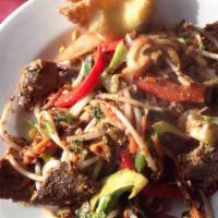 Black Pepper Beef Lunch · Choice flank steak stir fried with green and red bell peppers and yellow onions in savory br...