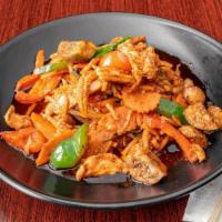 Hot Chili (Pad Phet) · Stir fried in garlic and chili sauce with bamboo shoots,. mushrooms, Thai eggplant, peas, co...