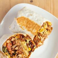 Vegan Chorizo Burrito · Rice, beans, rajas, avocado, pico