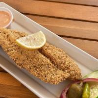 Cornmeal Valley Catfish Basket · Southern line-caught catfish strips,  hand-dipped & fried in cornmeal. served with seasoned ...