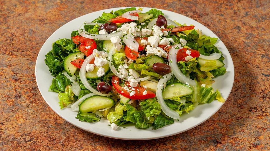 Greek Salad · Romaine lettuce, tomatoes, cucumber, feta cheese, kalamata olives with Greek vinaigrette.