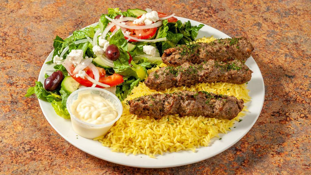 Moroccan Beef Kafta Plate (2 Pieces) · New. Ground beef mixed with our house spices Served  over Basmati Rice With Side Green Salad.
