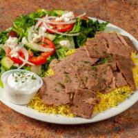 Beef Gyro Rice Platter · Beef gyro, Served  over Basmati Rice With Side Green Salad.