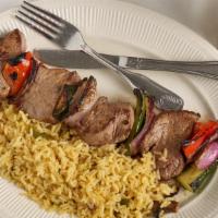 Beef Kabob - Filet Mignon · With onions, green peppers, mushrooms, and tomatoes, served with rice pilaf.