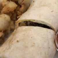 Breakfast Burrito · 3 eggs scrambled with chorizo sausage, diced red pepper, onion, tomatoes, and pepper jack ch...