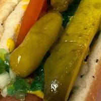 Regular Chicago Style Hotdog · Comes with green relish, onion, mustard, sports peppers, and tomato.