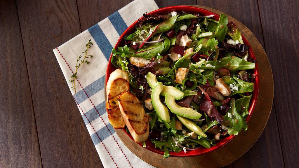 Chopped Chicken Salad · Grilled diced chicken, salt roasted red beets, avocado, red onion, red grapes, chevre with mixed greens. Hand-made balsamic vinaigrette with thyme, oregano, and garlic.