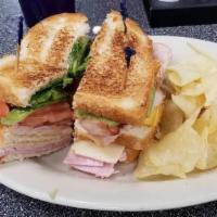 Classic Club Sandwich · Triple decker sandwich is stacked night with deli sliced turkey, ham, Swiss and American che...