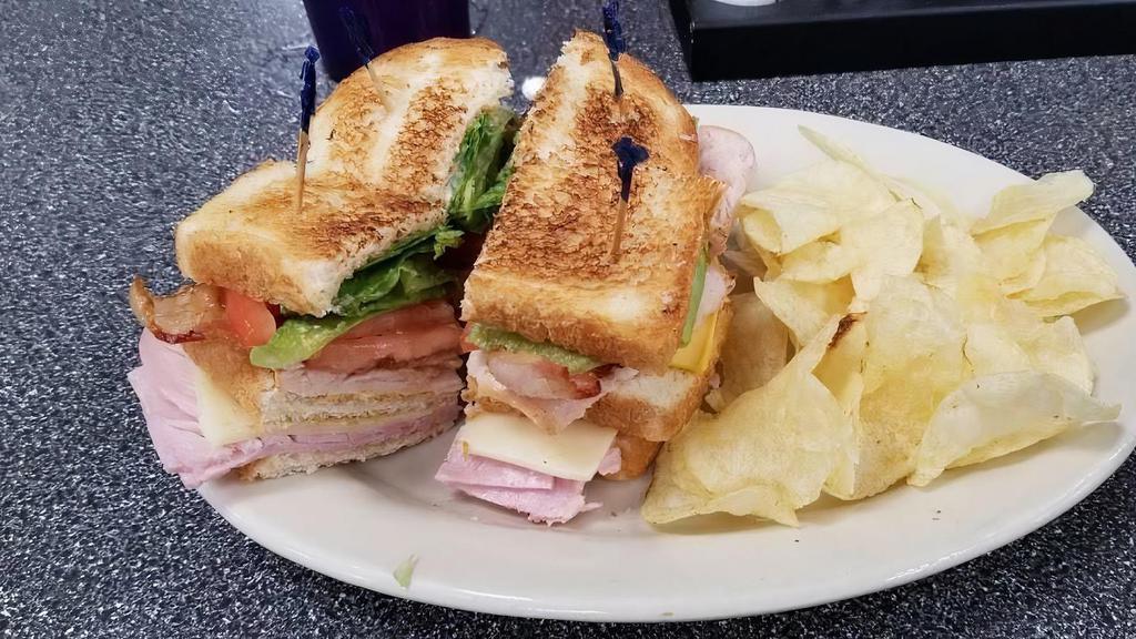 Classic Club Sandwich · Triple decker sandwich is stacked night with deli sliced turkey, ham, Swiss and American cheese topped with crisp bacon, and served on white toast. lettuce, tomato and mayonnaise finish this favorite.