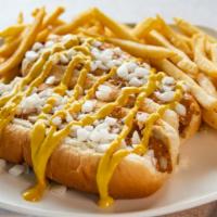 Coney Combo · Our famous coney island, fries and a mini Greek salad.