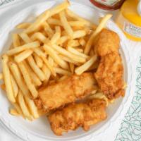 Fish & Chips · Our own hand-dipped cod fillets served with French fries and coleslaw.