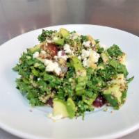 Kale Quinoa Salad · Gluten free. Spinach, diced apple, red grape, dried cranberry, cucumber, honey-goat cheese a...