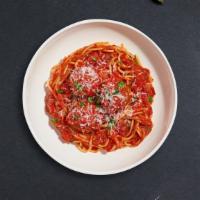 Spaghetti & Meatballs · Fresh spaghetti and homemade ground beef meatballs served with rossa (red) sauce, red pepper...