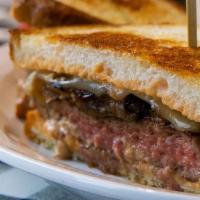 The Playbill · Patty Melt-beef patty, caramelized onions, baby swiss cheese, housemade thousand island, toa...