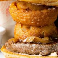 The Soho · beef patty, caramelized onions, onion aioli, crispy onion rings  (served with fries or tots)