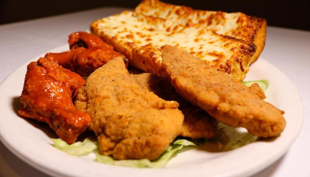 Chicken Platter Combo · Includes Original Sal's Jumbo wing tossed in sauce preference (4), Chicken Tenders (4) and a whole order of Cheese Bread. Served with Ranch and Papa’s Signature Marinara Sauce