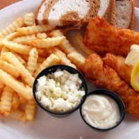 Beer Battered Cod · Premium Alaskan Cod battered & cooked to perfection. Served with Rye Bread - three 3 oz. pie...