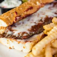 Pizza Burger · PAPA’S MOST FAMOUS! Italian Sausage Patty smothered with Mozzarella Cheese and topped with P...