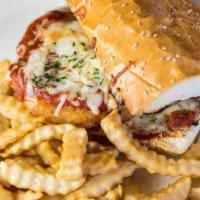 Chicken Parm Sandwich · Breaded Chicken Breast topped with Mozzarella and Parmesan Cheese and Papa’s Signature Marin...