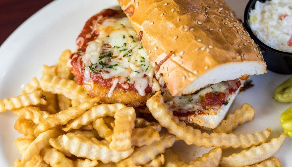 Chicken Parm Sandwich · Breaded Chicken Breast topped with Mozzarella and Parmesan Cheese and Papa’s Signature Marinara Sauce