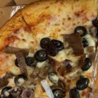 Greek Pizza Med · Gyro meat, onions, kalamata olives, and extra cheese.