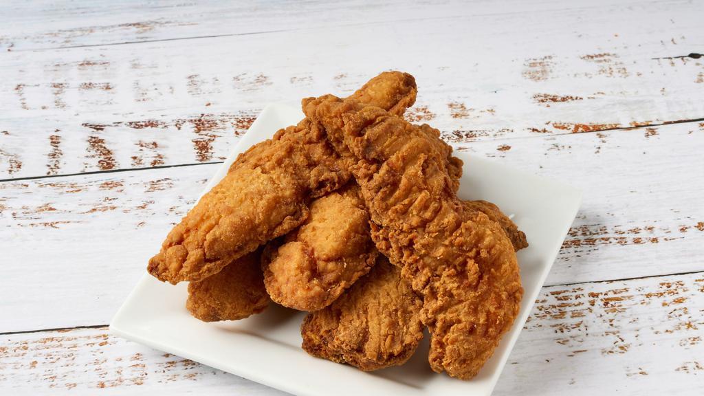 Chicken Tenders · Crispy chicken fingers with your choice of dipping sauce. Includes a small portion of french fries.